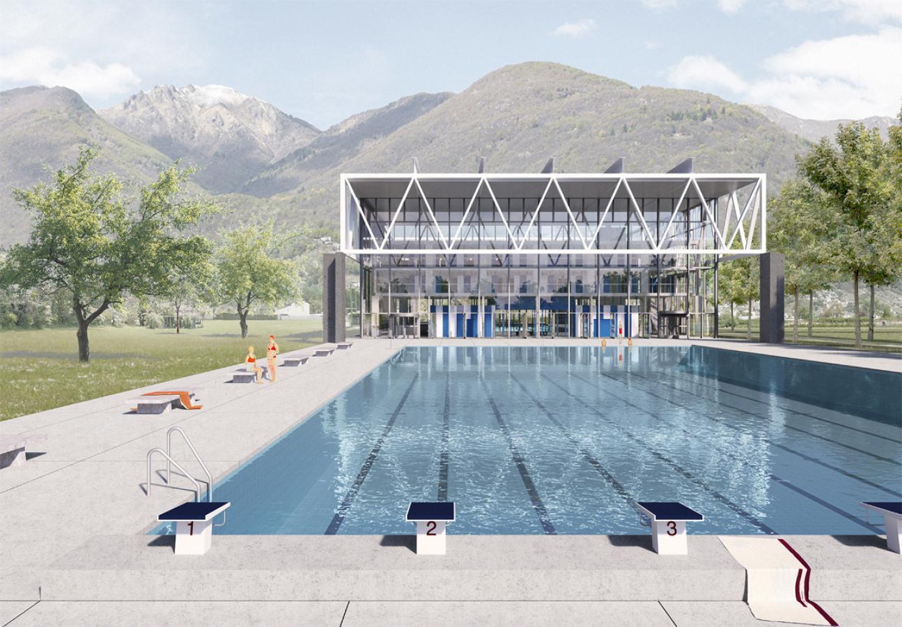 (b16025) Il concorso di progetto per architetti (direzione generale), ingegneri civili, progettisti RVCSE e architetti paesaggisti relativo al centro sportivo nazionale di nuoto a Tenero (CST) si rivolge a un team di pianificatori generali.